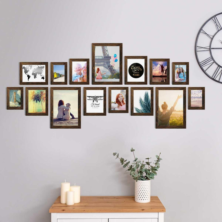 PHOTOLINI dunkle Eiche Bilderrahmen Set Holz MDF, Fotorahmen Set, 15er Bilderrahmenset Wand Collage,
