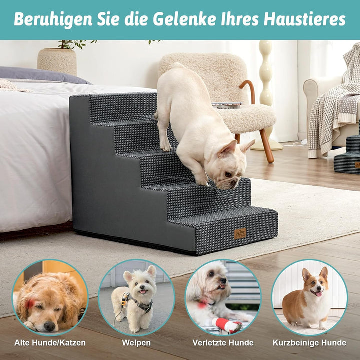 Hundetreppe für Kleine Hunde, 5 Stufen Breiter Haustiertreppe für Bett Couch Auto, 60cm Hoch Hochdic
