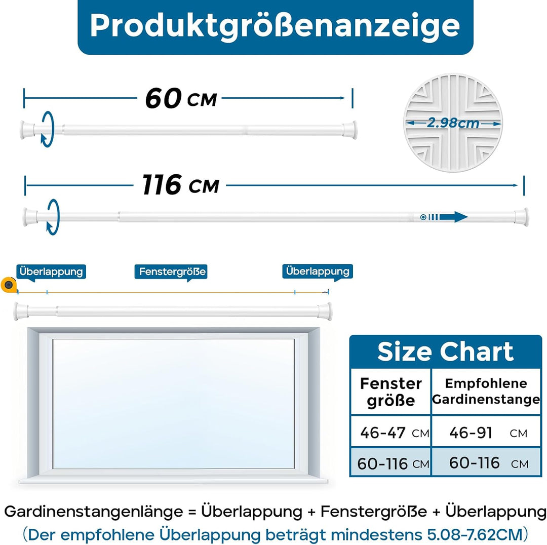AIZESI Gardinenstange ohne Bohren 60 bis 120 cm, 1 Stück Teleskopstange, Weiss duschstange ohne bohr