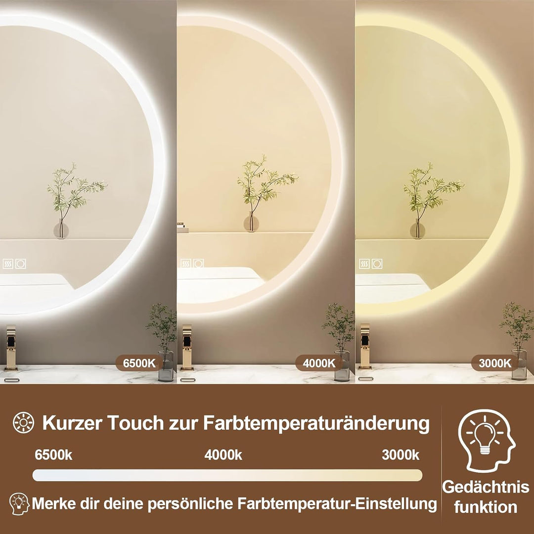 60cm runder LED Badezimmerspiegel mit Beleuchtung - Kosmetikspiegel mit Berührungssensor, 3 Lichtfar