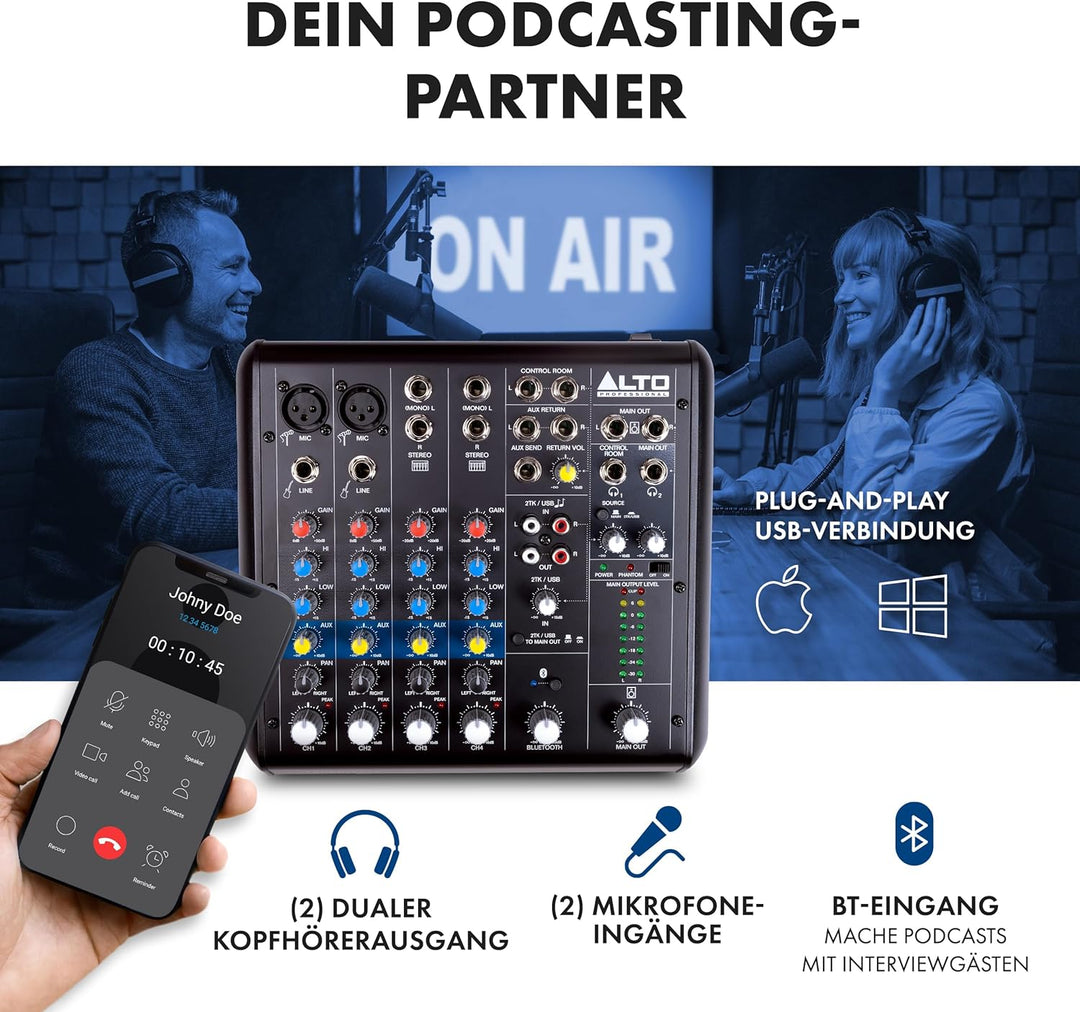 Alto TrueMix 600 Audio Mixer mit 2 XLR-Mikrofoneingängen, USB Audio Interface und Bluetooth für Podc