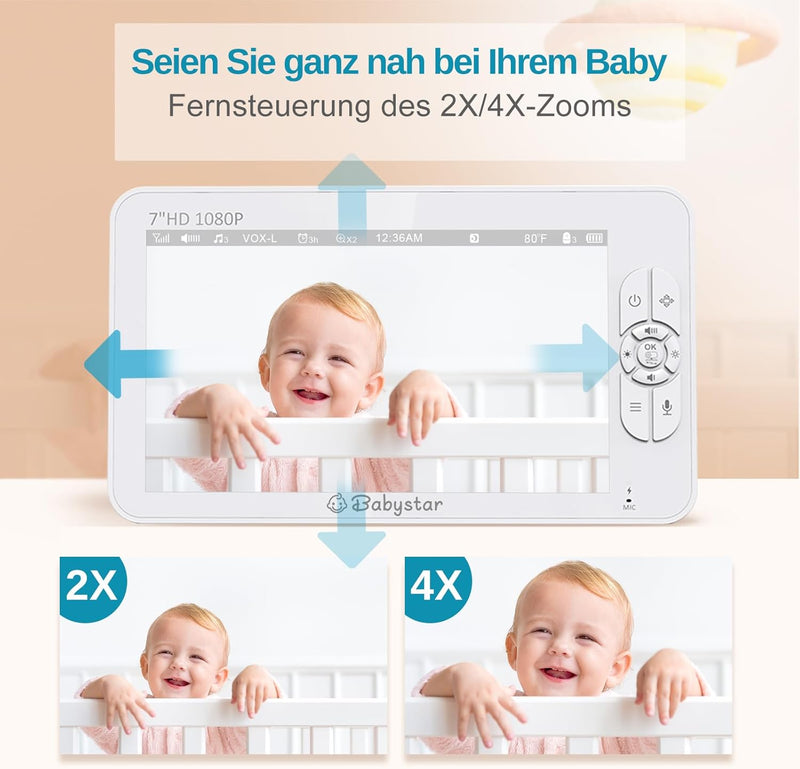 Babystar Babyphone mit 2 Kameras 7 Zoll 1080P Split-Screen-Video-Babyphone mit integriertem Weitwink