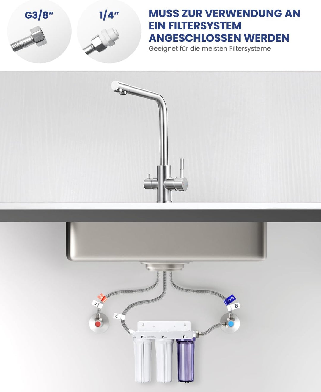 3 Wege Wasserhahn Küche, Küchenarmatur Mit 2 Hebel, Mischbatterie Küche Mit Heissem Und Kaltem Wasse
