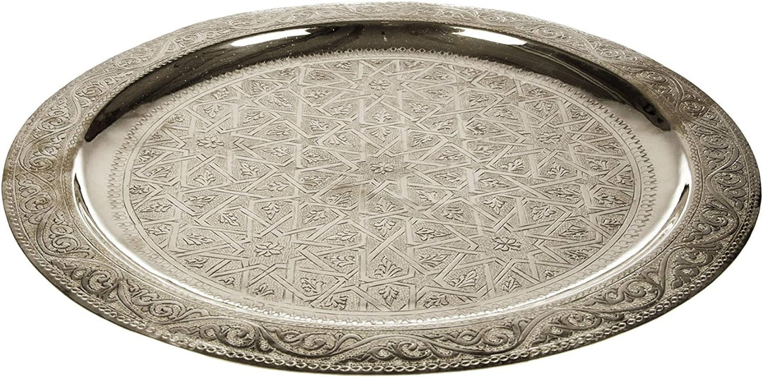 Orientalisches rundes Tablett aus Messing Mehdia 30cm Deko Silber | Marokkanisches Teetablett in der