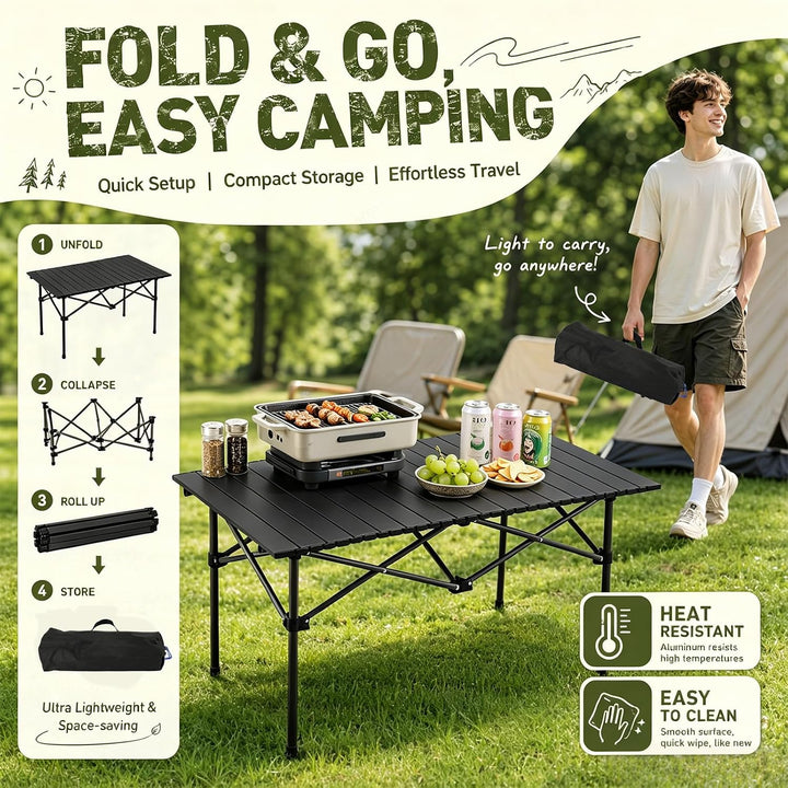 Campingtisch klappbar 96x54x55,5cm mit aufrollbarer Tischplatte aus Kohlenstoffstahl, Tragbarer Falt