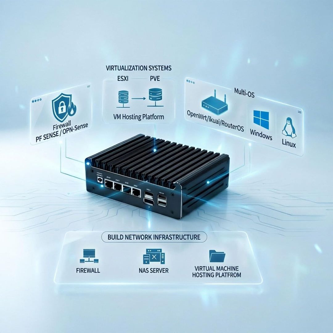 Firewall-Appliance, N150 Mini-PC/Soft-Router mit 4X I226-V 2,5G-Ports | HDMI DP 4K, 6 W TDP, Barebon