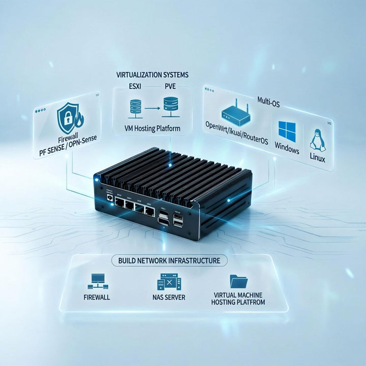 Firewall-Appliance, N150 Mini-PC/Soft-Router mit 4X I226-V 2,5G-Ports | HDMI DP 4K, 6 W TDP, Barebon