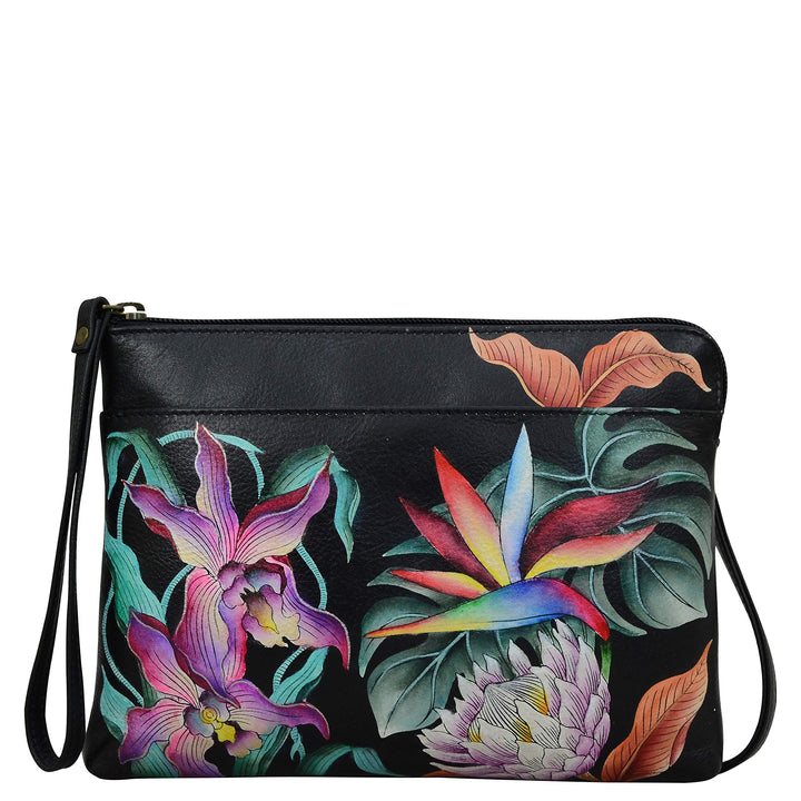 Anuschka Handbemalte 3-in-1 Clutch aus echtem Leder Island Escape Black, Island Escape Black