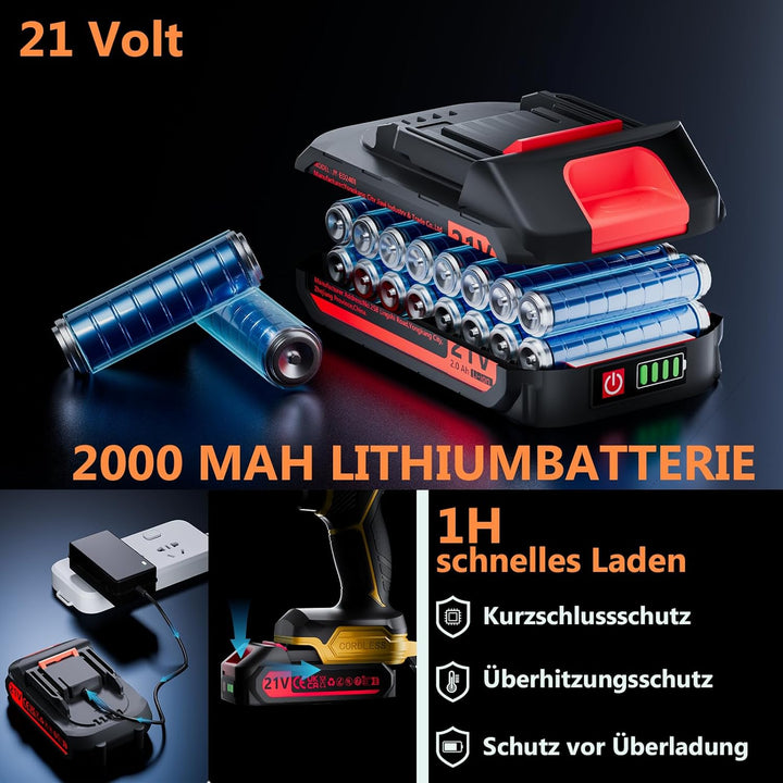 Akkuschrauber, 21V Akku Bohrschrauber Set mit Akku 1×2000mAh 45Nm Drehmoment Max 25+3 Drehmomentstuf