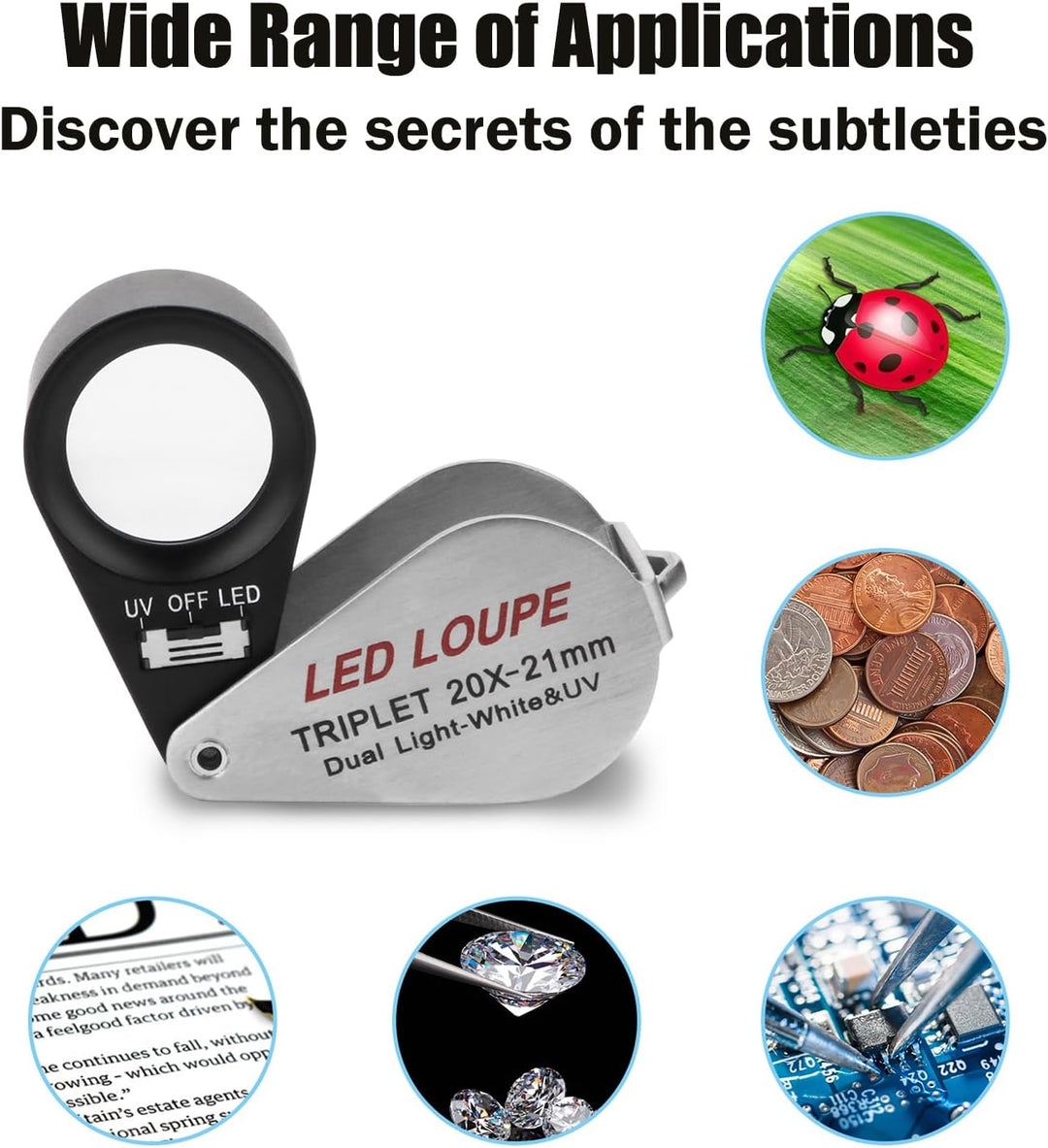 Mini-Taschenlupe, tragbar, mit 6 LED-UV-Lichtern, beleuchtete Lupe für Schmuck, Diamanten, Edelstein