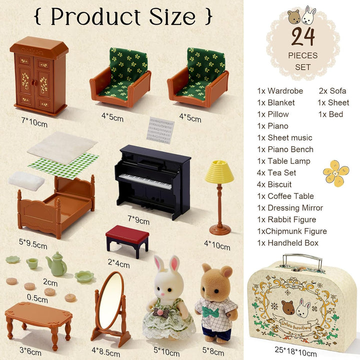 Koffer Dollhouse Tragbares Puppenhaus Möbel Zubehör DIY Miniatur Haus mit 2 Flexible Puppen, Klavier
