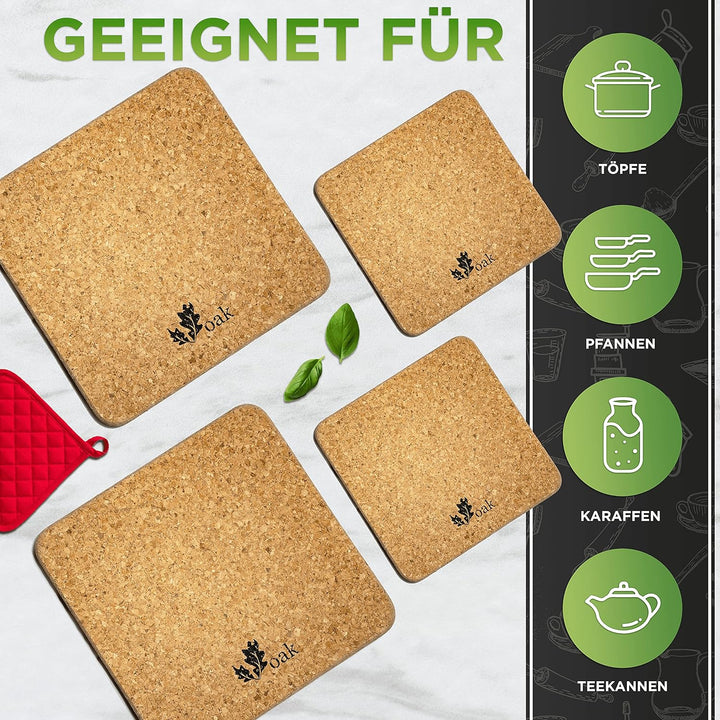 Voak® Topfuntersetzer Korkuntersetzer Set | 4 eckige Kork Untersetzer | 100% Natur Kork Made in Port