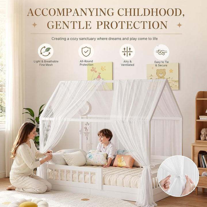 Hausbett Himmel Set, 2 Stück Betthimmel Hausbett, Leichter Atmbar Mailänder Gaze Himmelbett Vorhänge