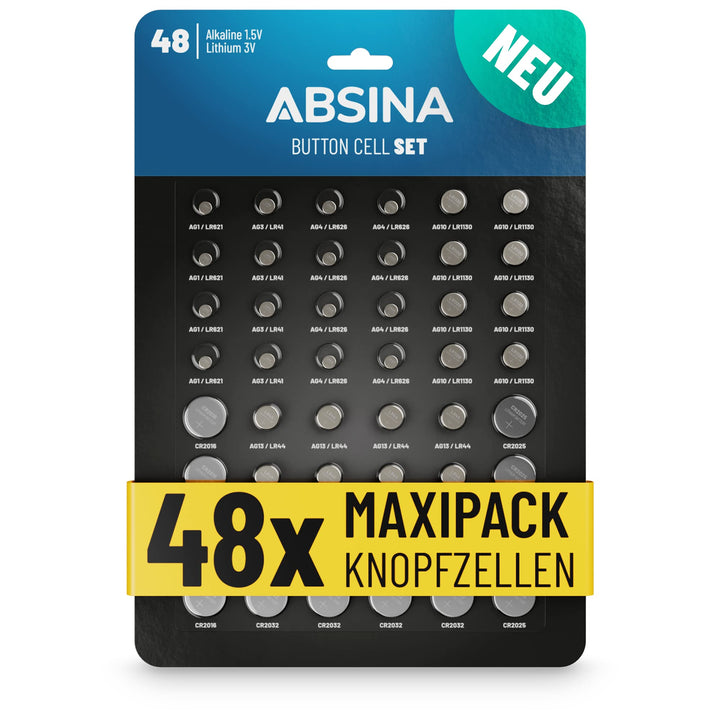 ABSINA 48er Pack Alkaline & Lithium Knopfzellen - 4X AG1 / 4X AG3 / 8X AG4 / 8X AG10 / 8X AG13 / 4X