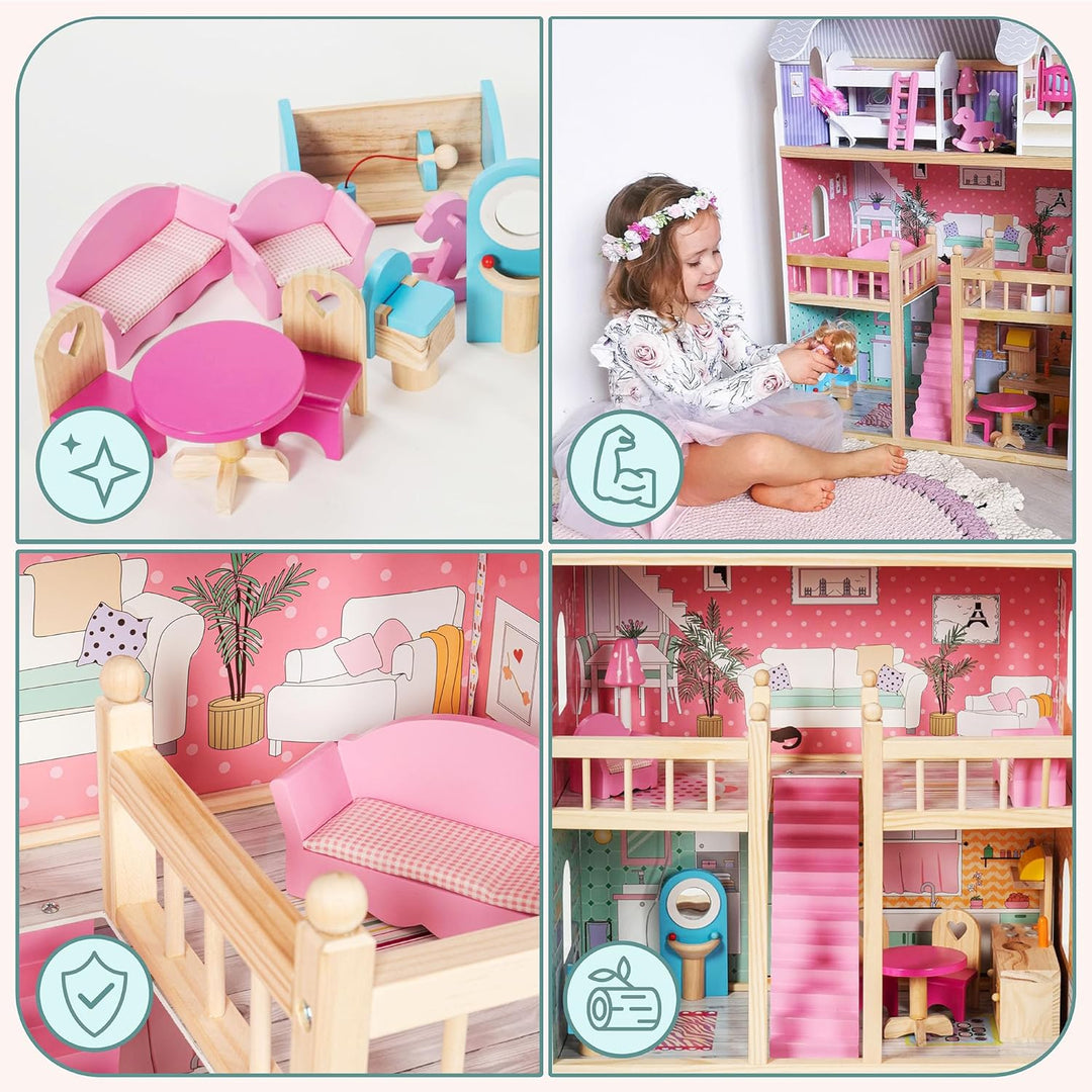 mamabrum Puppenhaus Holz ab 3 Jahre Mädchen – Grosses Puppenhaus mit Möbeln & LED Beleuchtung – 3 Et