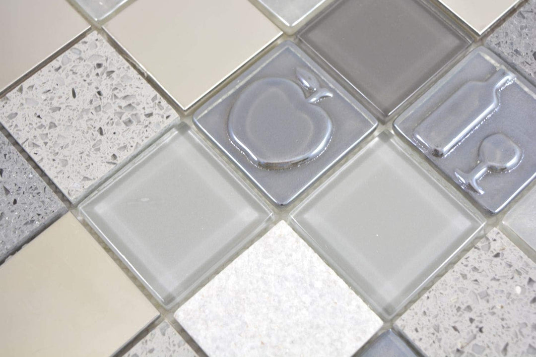 Mosaik Fliese Quadrat Crystal/Artificial/Stein/Stahl mix Relief grey für WAND BAD WC KÜCHE FLIESENSP