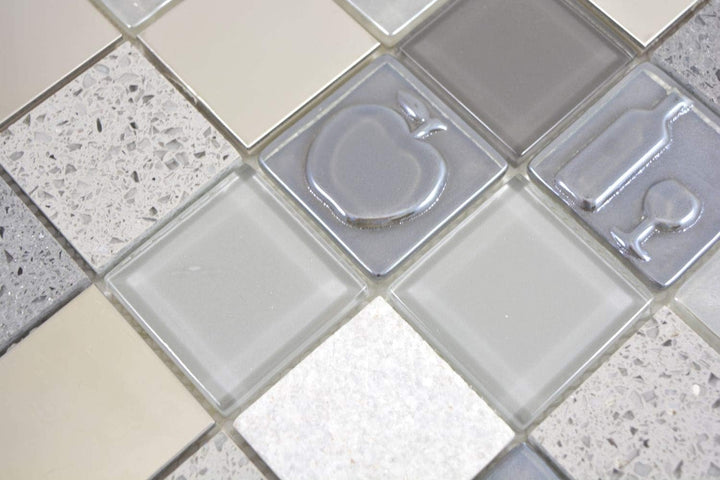 Mosaik Fliese Quadrat Crystal/Artificial/Stein/Stahl mix Relief grey für WAND BAD WC KÜCHE FLIESENSP
