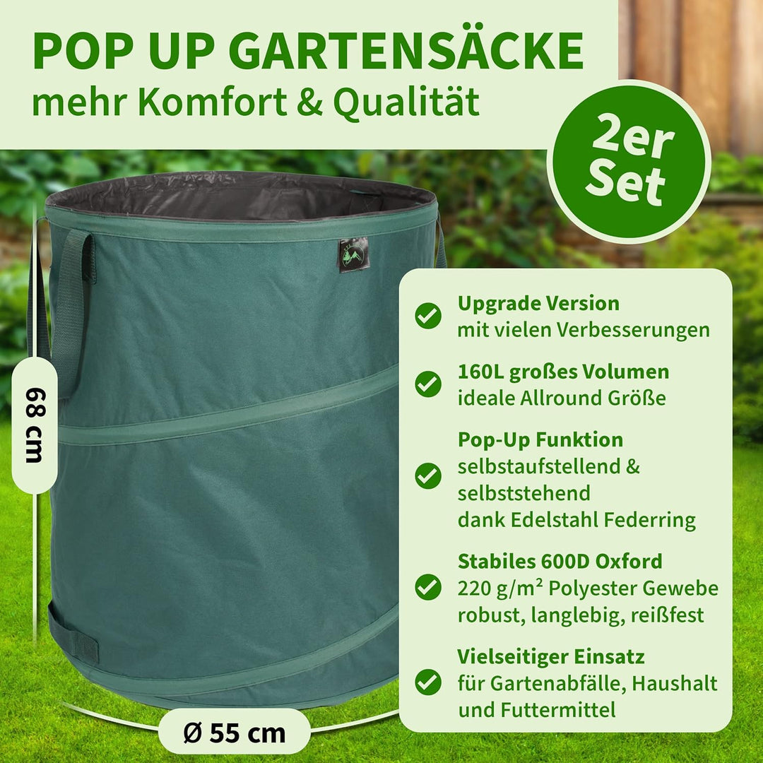 TTL Garden 2x 160L Pop Up Gartensack Premium - 220gsm 600D Oxford 2er Set 160 Liter Gartenabfallsack