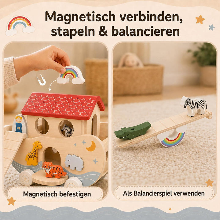 Arche Noah Holz, Montessori Spielzeug und Taufgeschenk ab 1 Jahr | Liebevolles Taufgeschenk: Arche N