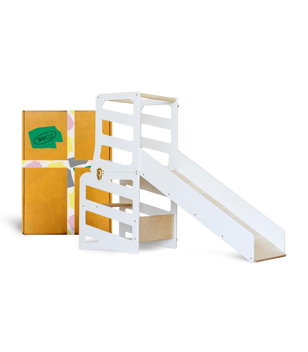 Weco Kinder-Lernturm 3 in 1 Streifendesign mit Rutsche Schreibtisch Rutsche Montessori Möbel Küchenh
