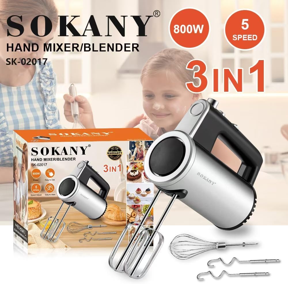 SOKANY 3-in-1 Handmixer SK-02017, 800 Watt Handrührgerät mit 5 Geschwindigkeiten, Edelstahl Rührgerä