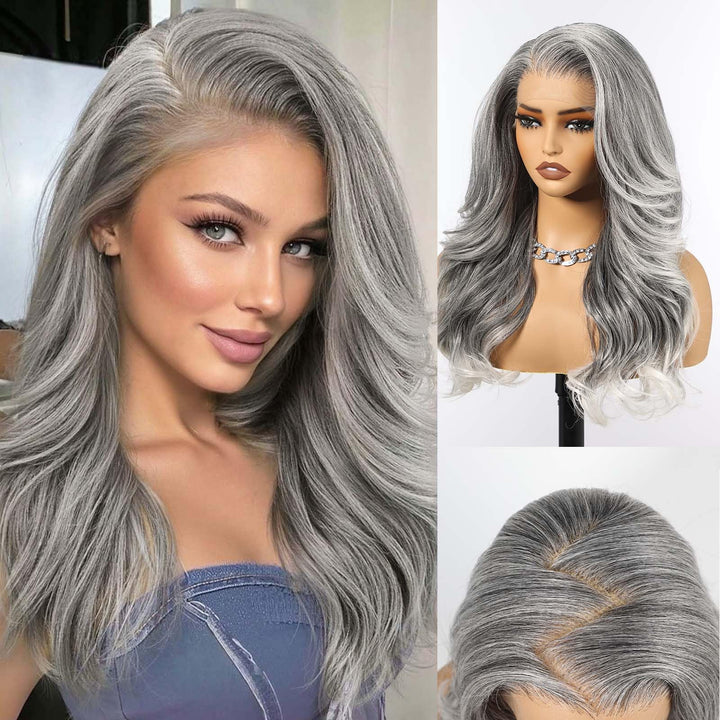 HAIRCUBE 13x6 HD Synthetische Lace-Front-Perücke, 24 Zoll lange graue, lockige, geschichtete Perücke