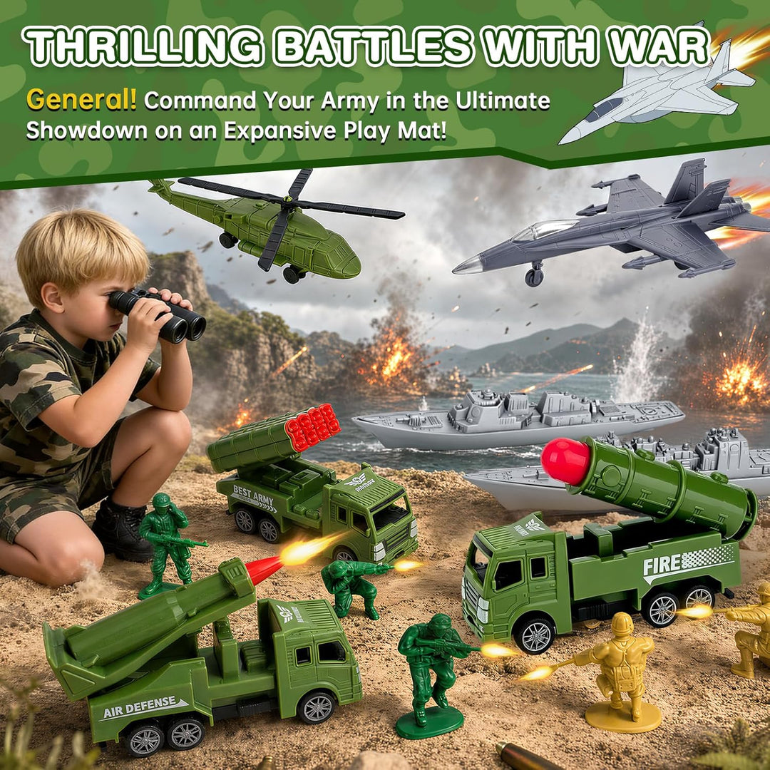 deAO Militär-Spielzeugset 78-teilig, Soldat Flugzeuge Schiffe Raketenwagen | 30 grüne + 30 gelbe Sol