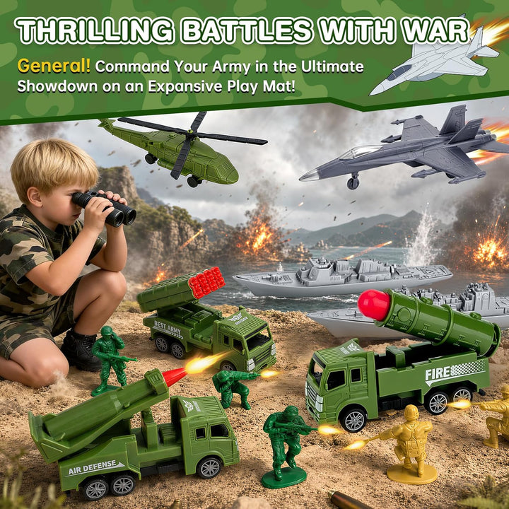 deAO Militär-Spielzeugset 78-teilig, Soldat Flugzeuge Schiffe Raketenwagen | 30 grüne + 30 gelbe Sol