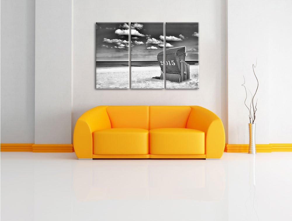 Pixxprint Monocrome, Roter Strandkorb an der Nordsee 3-Teiler Leinwandbild 120x80 Bild auf Leinwand