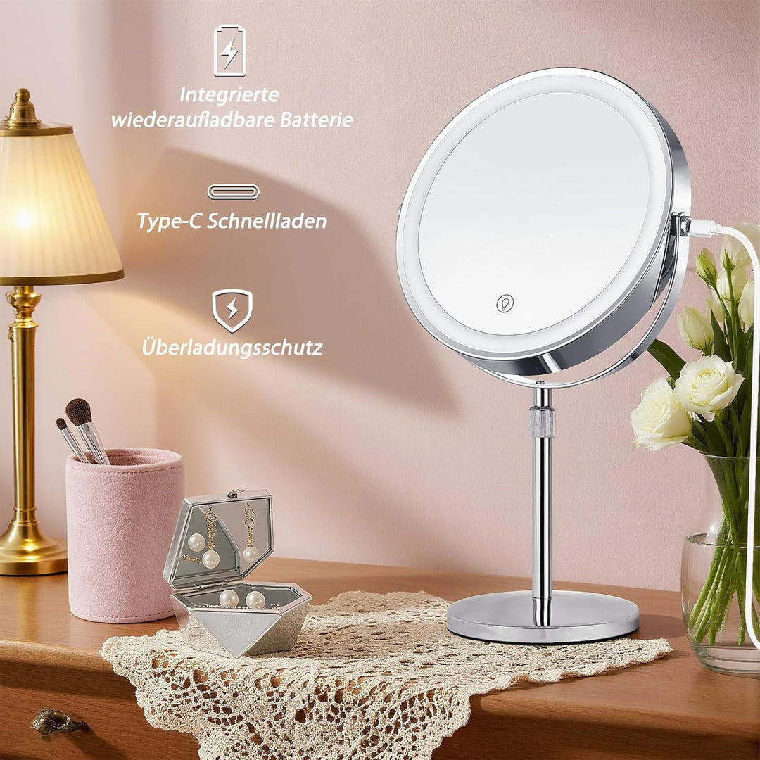 Wiederaufladbar Kosmetikspiegel mit 1X/10X Vergrösserungs LED Make-up Spiegel mit Lichtern, 9 Zoll d