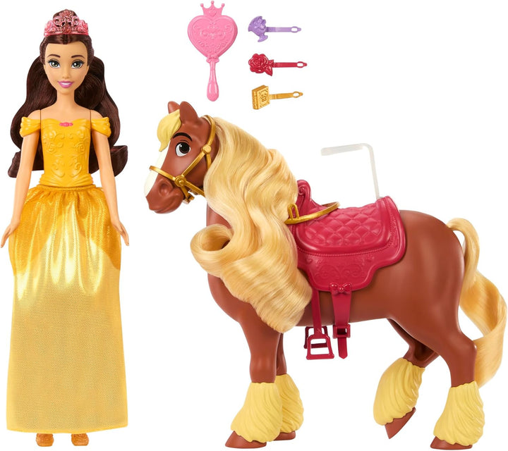 Mattel Disney Princess Toys, Belle Fashion Doll & Philippe Horse mit Sattel, bürstbare Mähne & Schwa
