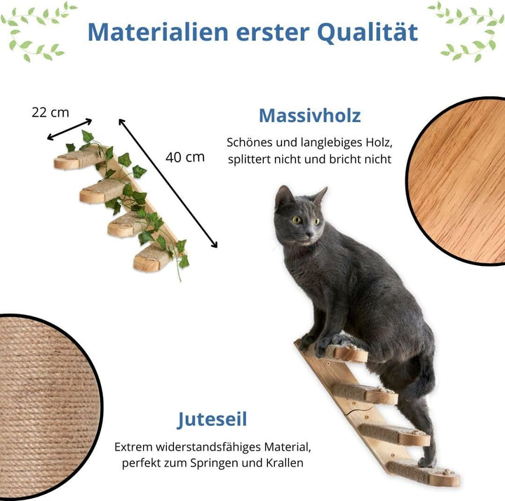Katzentreppe - Katzenleiter Wandmontage aus Massivholz mit Juteseil und Dekorativen Blättern - Katze