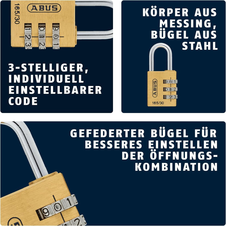 ABUS Zahlenschloss 165/30 - Vorhängeschloss aus Messing - mit individuell einstellbarem Zahlencode -