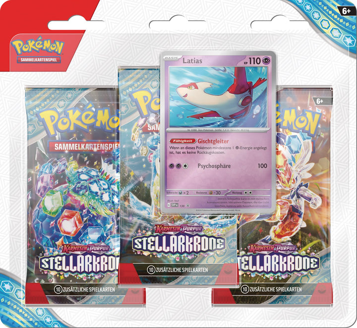 Pokémon-Sammelkartenspiel: 3er-Pack-Blister Karmesin &amp; Purpur – Stellarkrone: Latias (3 Boosterpacks