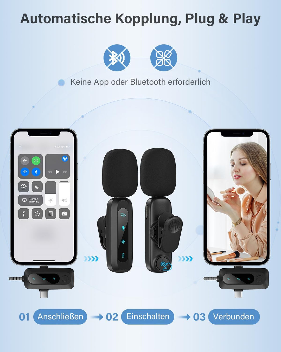 Kabelloses Lavalier-Mikrofon für iPhone, iPad, Android-Handy, 2er-Pack Mini-Mikrofon mit Rauschunter