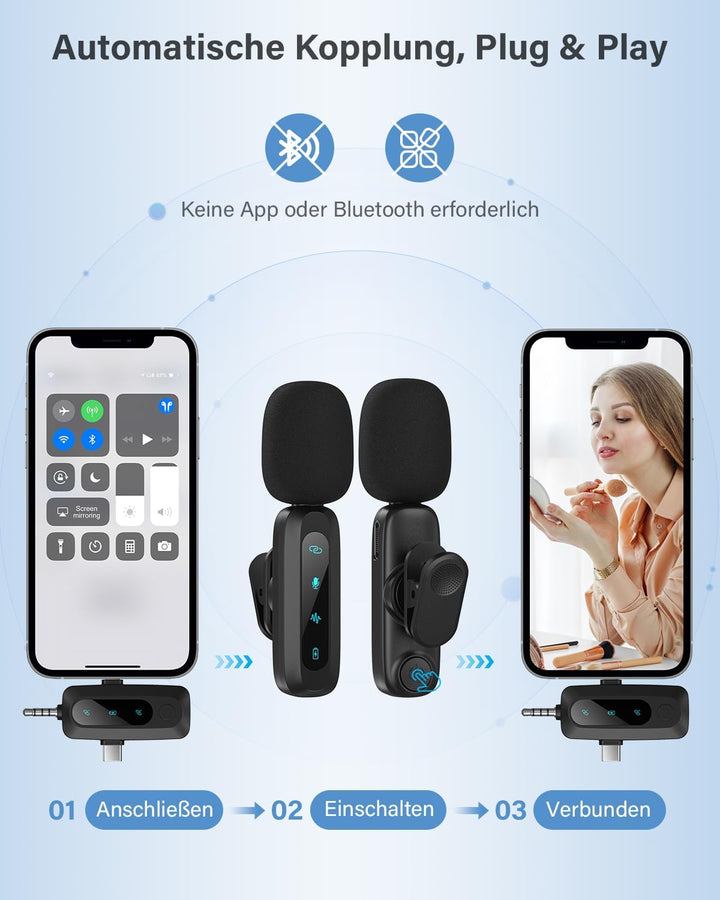 Kabelloses Lavalier-Mikrofon für iPhone, iPad, Android-Handy, 2er-Pack Mini-Mikrofon mit Rauschunter