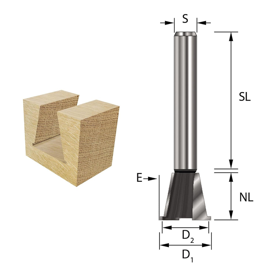 ENT 16130 Zinkenfräser HW, Schaft (S) 8 mm, NL 13,5 mm, D1 14,3 mm, D2 12,7 mm, E 14°, SL 32 mm, mit