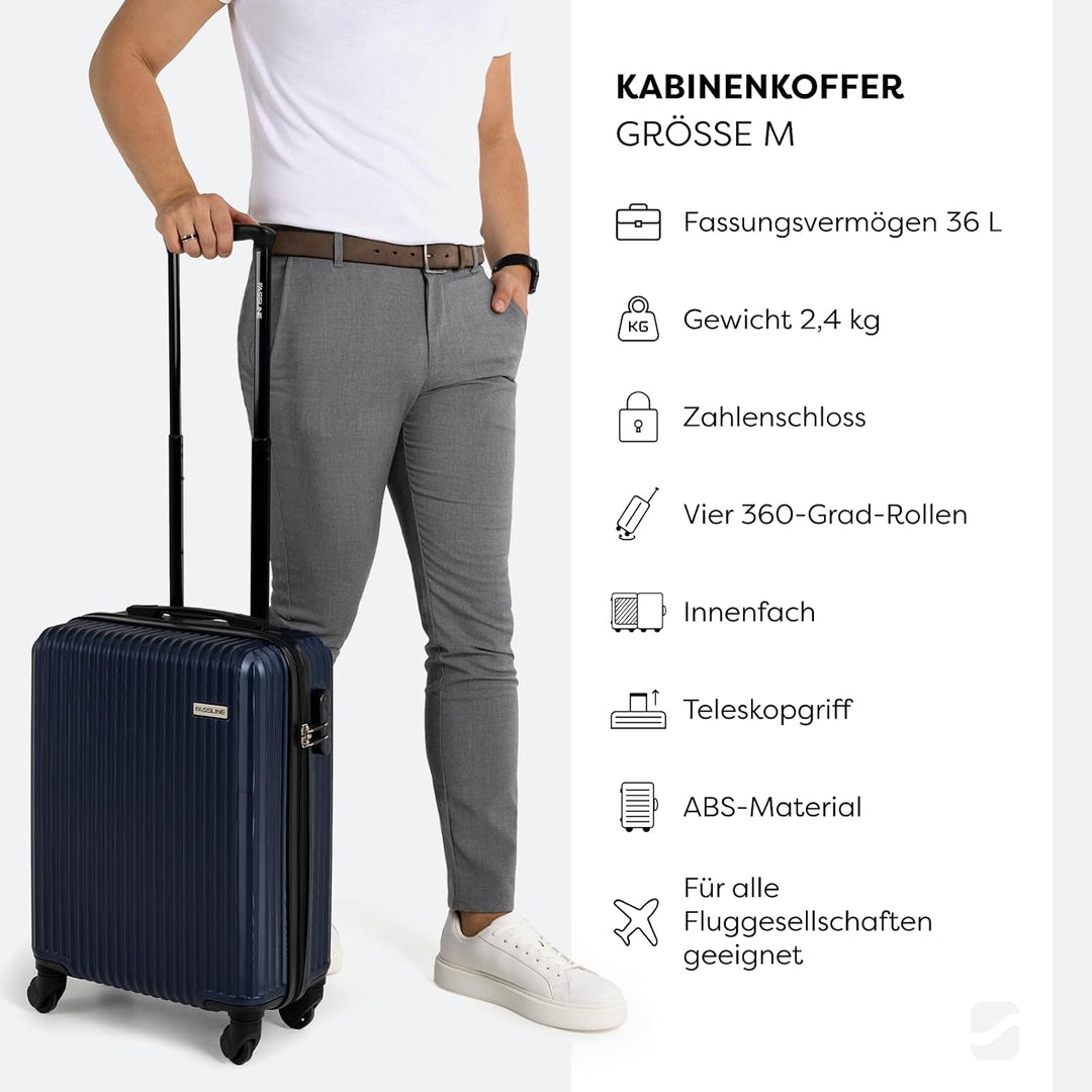 FASSLINE Kabinenkoffer 55x39x20 cm, 36l, Reisekoffer Handgepäck, Hartschale aus ABS, Vier 360°-Spinn