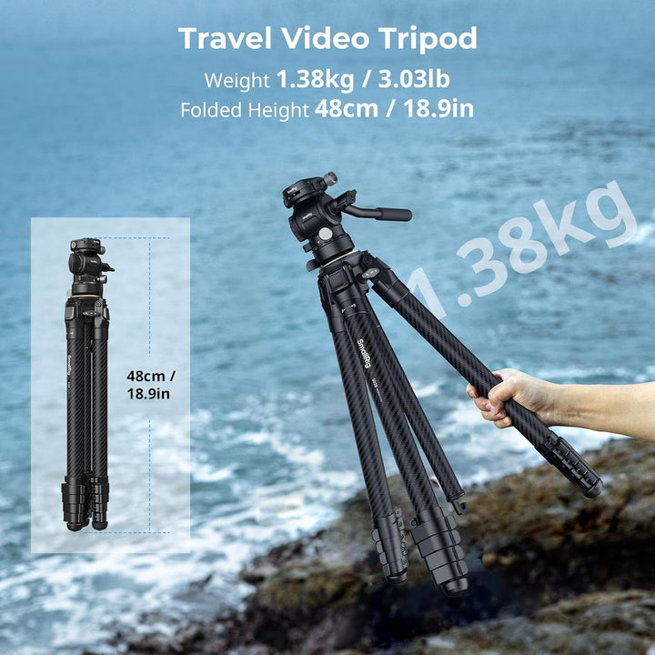 SMALLRIG Tragbares Reisestativ Set aus Kohlefaser, Trípode 158mm/61,8 Zoll Videokamera Stativ, Einbe