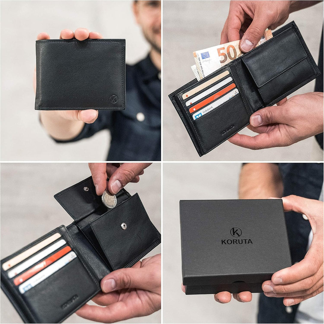 KORUTA® Geldbörse Herren Schwarz mit RFID Schutz I Echtleder Portemonnaie Gross 13 Fächer Geldbeutel