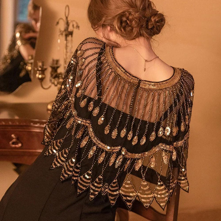 Damen Abend Glitzerschal 1920er Kleid Vintage Cape Elegante Stickerei Netz-Kurzarmpullover Modische