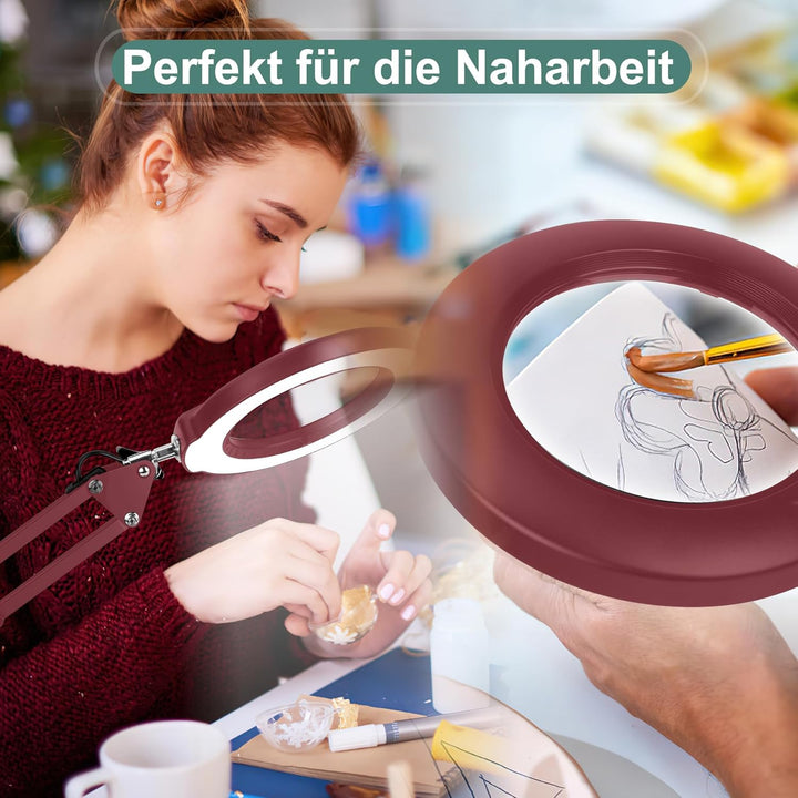Veemagni 10X Echtes Glas Lupe mit Licht, 5 Farbmodi Stufenlos Dimmbar, Verstellbarer Schwenkarm LED