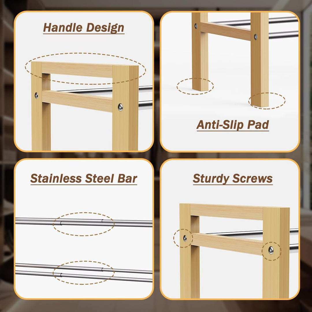 LEMIKKLE Schuhregal Holz Eiche 2-stöckig, Erweiterbar Mit Edelstahl-Elementen, Ideal Für Enge Räume,