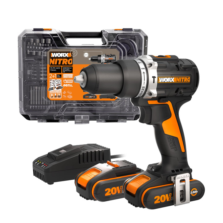 WORX NITRO 18V(20V MAX) Akku-Schlagbohrmaschine WX352.4, PowerShare, bürstenloser Motor, 60Nm, varia