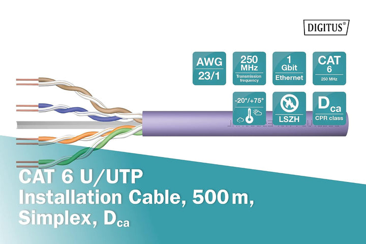 DIGITUS 500 m Cat 6 Netzwerkkabel - U-UTP Simplex - BauPVO Dca - LSZH Halogenfrei - 250 MHz Kupfer A