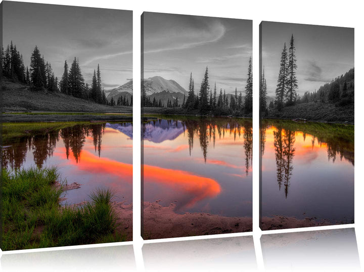 Sonnenaufgang an kleinem Bergsee schwarz/weiss 3-Teiler Leinwandbild 120x80 Bild auf Leinwand, XXL r