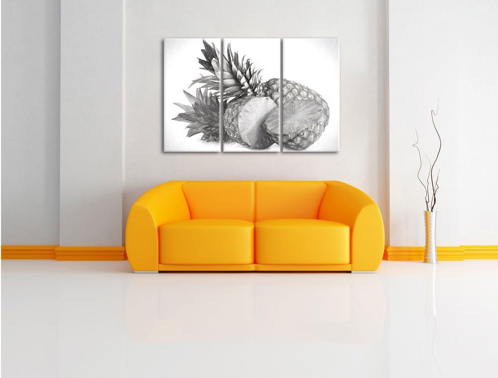 Pixxprint Frische Ananas Kohle Zeichnung Effekt 3-Teiler Leinwandbild 120x80 Bild auf Leinwand