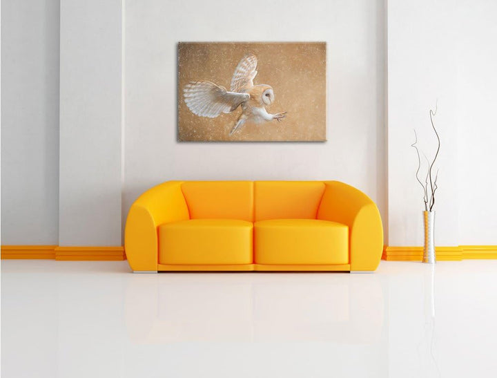 Pixxprint Fliegende Weisse Eule bei der Jagd Kunst Buntstift Effekt, Format: 100x70 auf Leinwand