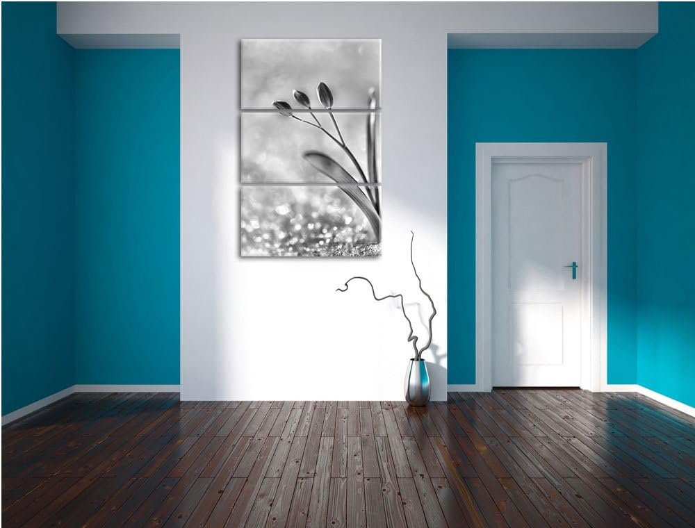 Pixxprint Monocrome, Blaue Knospen im Schnee 3-Teiler Leinwandbild 120x80 Bild auf Leinwand