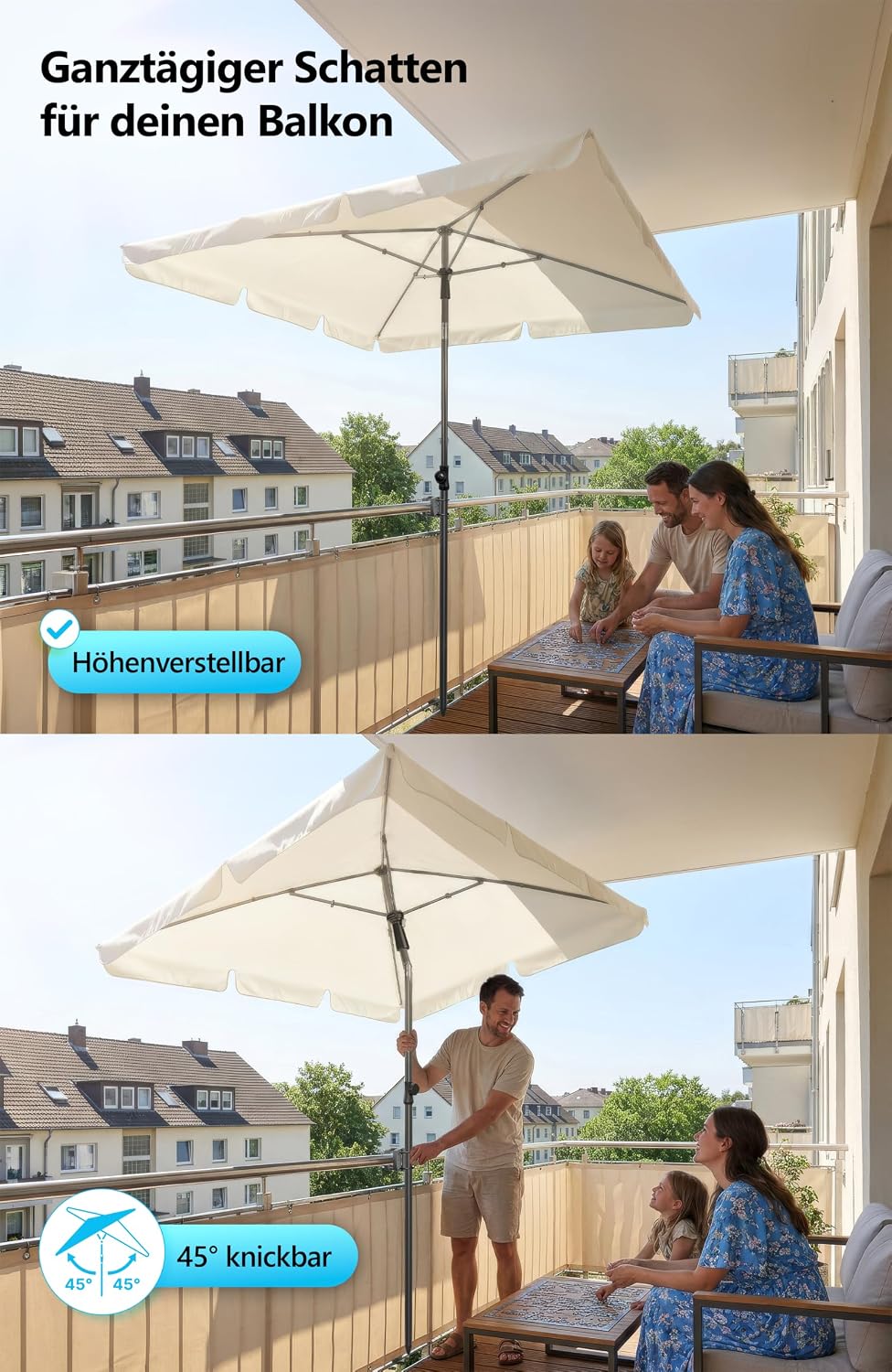 4smile Sonnenschirm Balkon im Set – Sonnenschirm rechteckig 210×140 cm, UV 50+ Sonnenschutz Balkon,